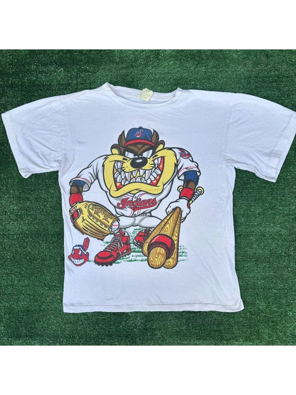 Vintage 90s Cleveland Indians Taz T-Shirt White M Single Stitch MLB Looney Tunes